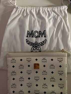 MCM White and Black Logo Zip Pouch with Gold Hardware